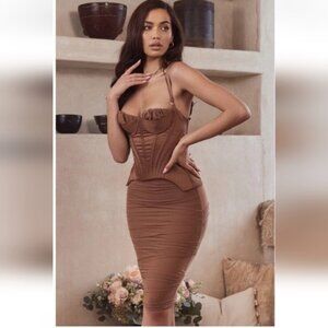 House Of CB Talya Satin Mesh Corset Ruched Dress Toffee Size M